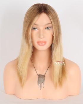 12-Inch Brown Roots to Blonde Straight Human Hair Wig