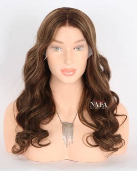 20-Inch Chestnut Brown with Blonde Highlights Natural Wig for Women