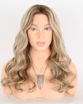 20-Inch Ombre Blonde with Brown Highlights Human Hair Loose Wave Wig 