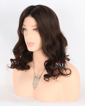 16-Inch Medium Length Chocolate Dark Brown Lace Front Human Hair Wig With Highlights